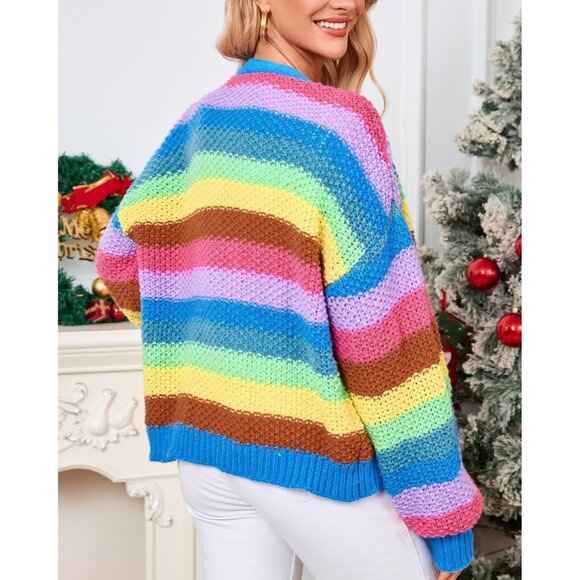 Women's Rainbow Striped Knit Cardigan V Neck Open Front Fall Sweater - Picture 5 of 7